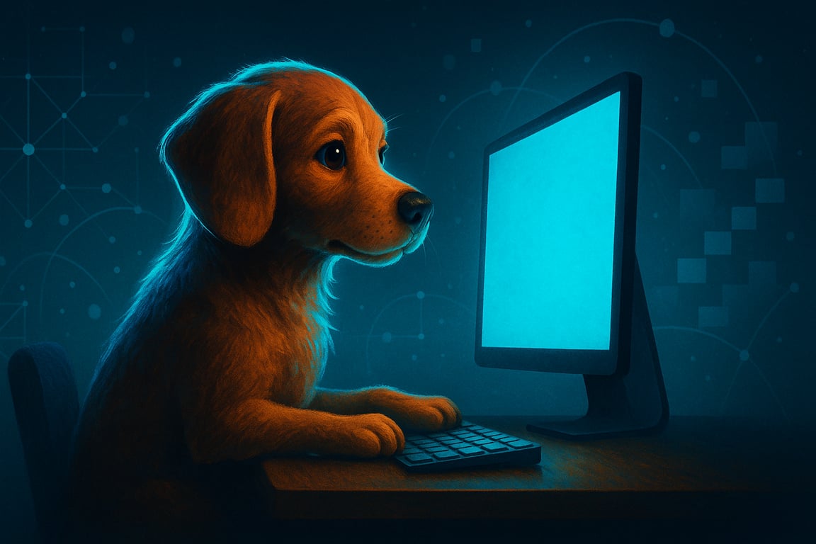 Total Promotion studio artwork featuring a focused dog at a digital workstation.